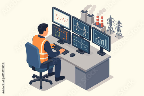 Power plant control room isometric illustration. Engineer operator at a desk with multiple screens monitoring the electricity grid, energy production, and industrial data dashboards.