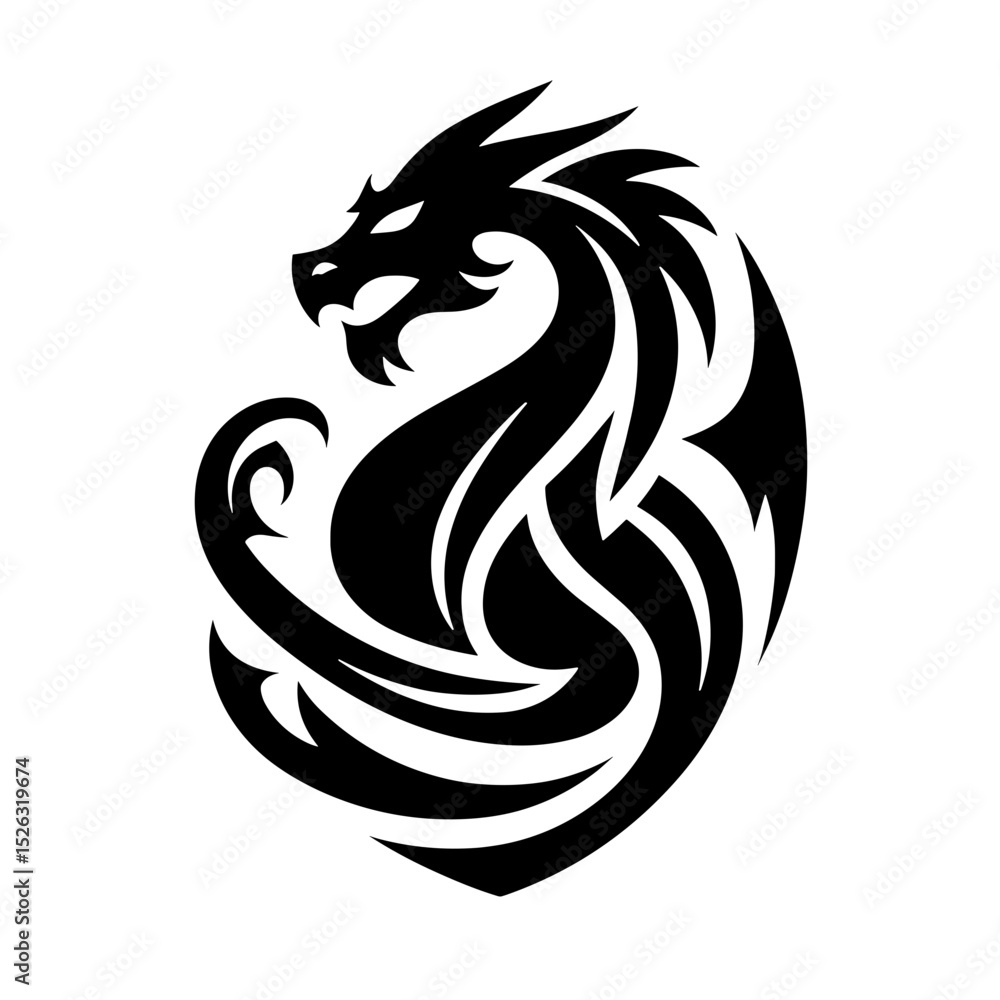 Fototapeta premium A black silhouette of heraldic dragon, minimalist stroke, abstract stroke modern style, vector, isolated, transparent background 