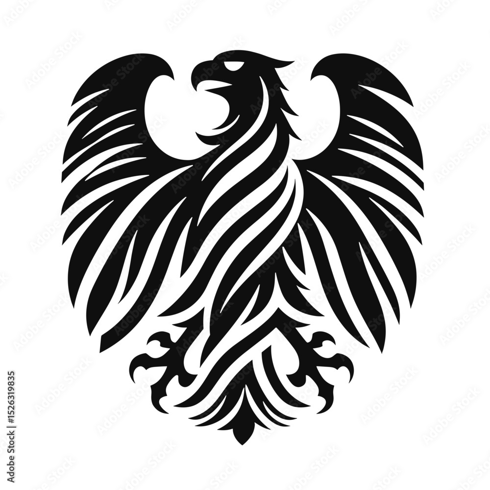 Obraz premium A black silhouette of heraldic eagle, minimalist stroke, abstract stroke modern style, vector, isolated, transparent background 