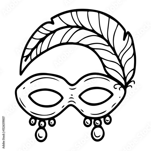 Masquerade mask with ostrich feather. Hand drawn doodle vector. Secret face. Carnival costume accessory. Festival decoration. Retro party. Fashion, vintage style. Illustration line art element.