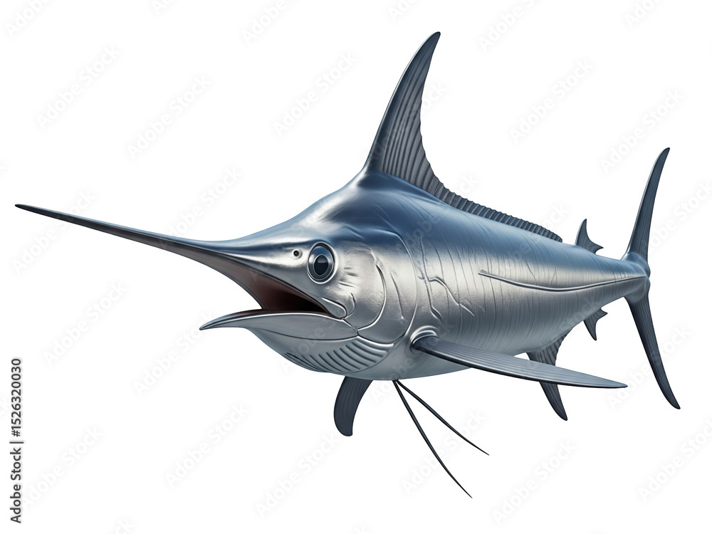 Fototapeta premium a swordfish with elongated bill, sleek silver body, and metallic texture, fully visible in frame, isolated on a transparent background