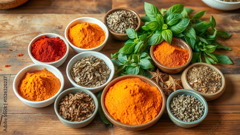 Still life with colorful spices and herbs in bowls. Curry powders, turmeric and paprika create a warm palette. Culinary background with ingredients for world cuisine. Still life with colorful spices and herbs in bowls. Curry powders, turmeric and paprika create a warm palette. Culinary background with ingredients for world cuisine.