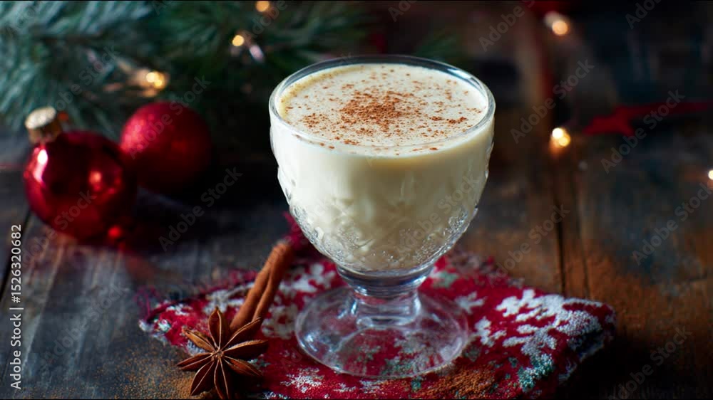 Close-up of a creamy eggnog drink in a glass, garnished with cinnamon and star anise, with Christmas decorations in the background. Close-up of a creamy eggnog drink in a glass, garnished with cinnamon and star anise, with Christmas decorations in the background.