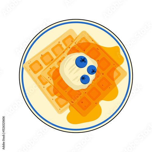 A stack of belgian waffles on a plate with ice cream, syrup and berries. Vector illustration.