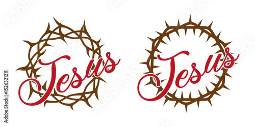 The inscription Jesus and the crown of thorns. Christianity, spirituality, religion. Savior Jesus Christ. Vector illustrations EPS10