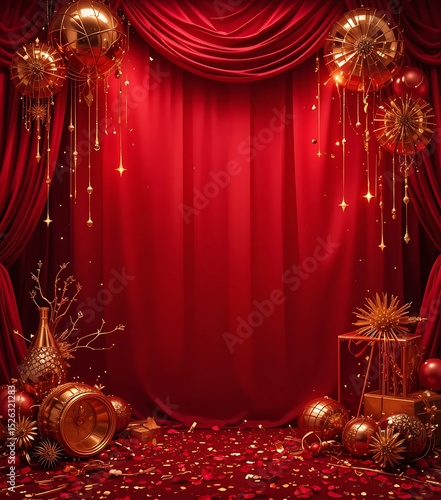 Red and gold party background with dramatic lighting, shiny props, and high-contrast party decorations.