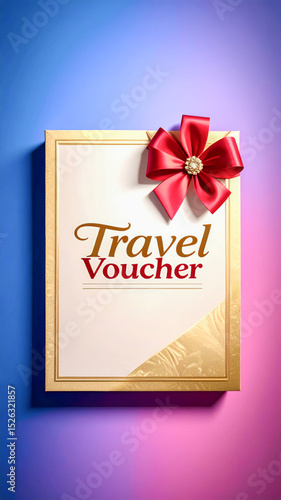 Golden travel voucher with red bow on colorful gradient background