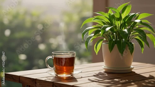 Tea Steaming Beside Potted Plant on Wooden Table – Calm Mindfulness Loop with Breeze