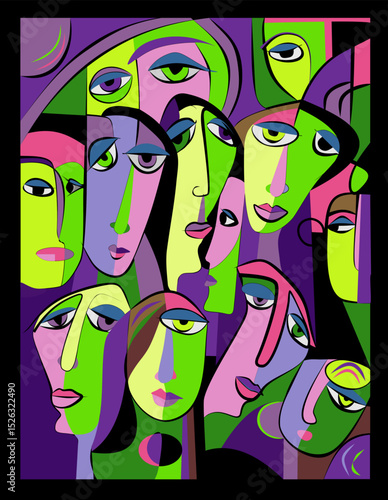A collection of abstract faces in vibrant colors, featuring shades of green, purple, pink, and blue, overlaid in an intricate, cubist design.