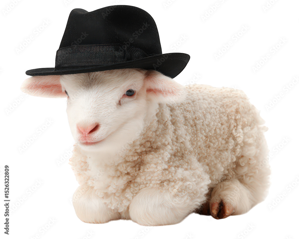 Fototapeta premium Cute lamb wearing stylish black hat, sitting comfortably on transparency background. This adorable animal exudes charm and playfulness, making it delightful subject for any audience