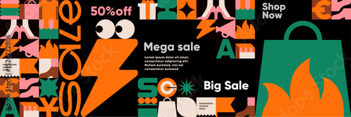 Illustration of a vivid sale banner with lightning mascot, shopping icons, and bold geometric typography on a black background for mega sales.