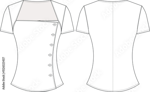 short sleeve queen anne neck buttoned square neck buttoned fit bodycon blouse top tshirt shirt template technical drawing flat sketch cad mockup fashion woman design style model 
