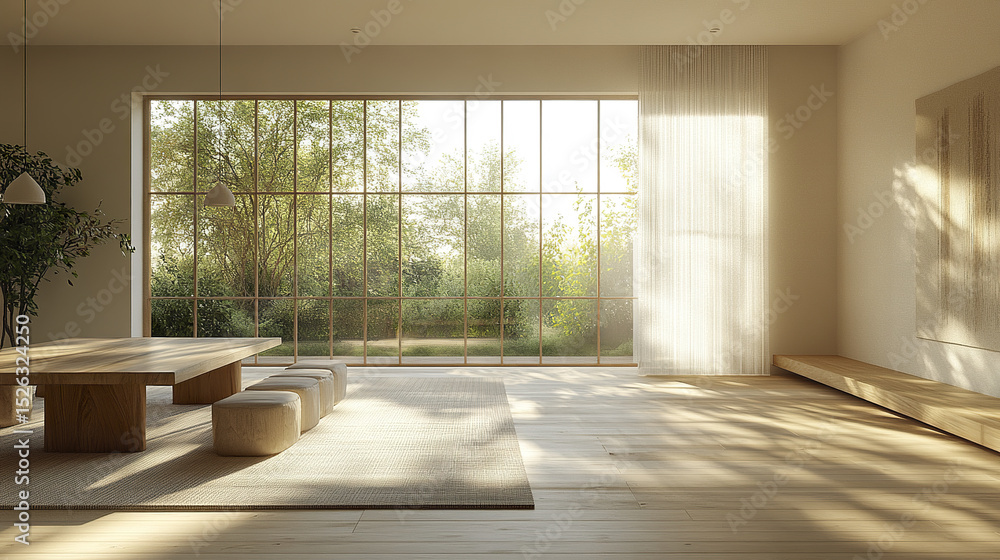 Fototapeta premium serene, sunlit minimalist dining room with neutral tones and large windows