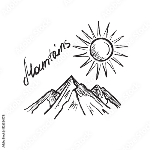 Mountain range landscape with sun shining in black brush stroke texture isolated on white. Hand drawn vector sketch illustration in vintage charcoal ink. Everest Mountain card, invitation design