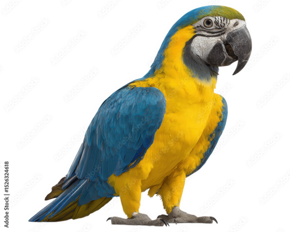 Fototapeta premium Vibrant tropical bird with blue and yellow feathers, showcasing its striking appearance against transparency background. This parrot exudes lively and cheerful demeanor, making it captivating