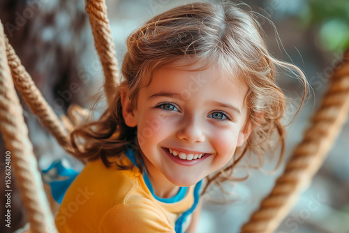 Happy blonde girl at summer camp on rope course