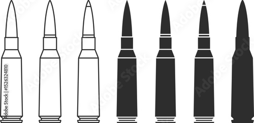 Set of icons of 5.45 caliber cartridges for a Kalashnikov assault rifle in the form of a line, isolation and silhouette in black.