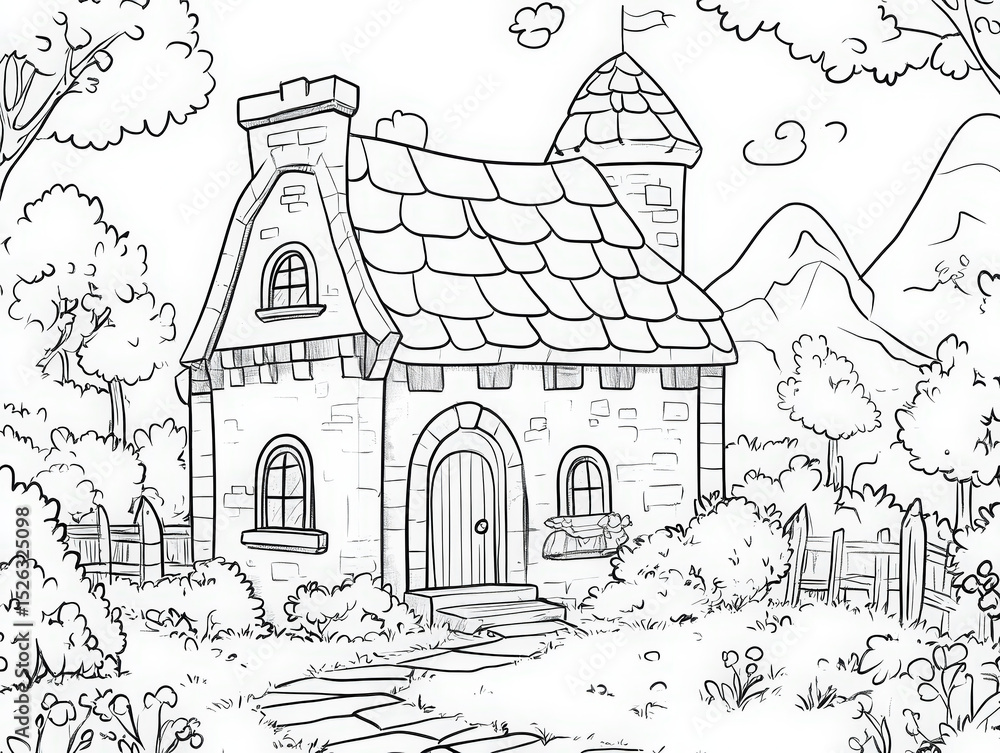 Fototapeta premium House Coloring Page for Kids. A charming coloring page featuring a whimsical house in a delightful garden setting, perfect for kids' creativity.