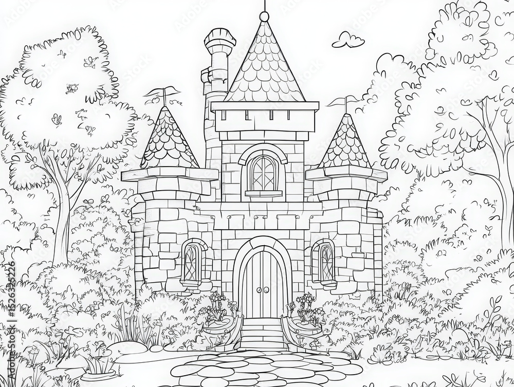 Obraz premium Castle Coloring Page for Kids. A black and white coloring page featuring a detailed castle scene in a whimsical forest setting, perfect for kids.