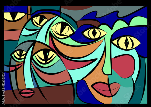 Multiple overlapping faces,  create an abstract and cubist effect. The use of geometric shapes and lines to form the facial features gives the work a sense of organized chaos.