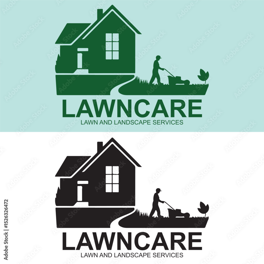 Obraz premium Professional Lawncare Service Logo Featuring a House, Lawnmower, and Gardener Logo Design – Mowing, Landscaping, Yard Maintenance Branding