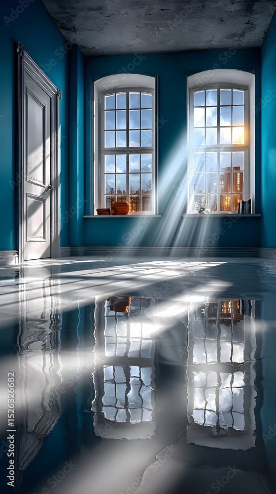 Fototapeta premium bright white room interior with sunlight streaming through windows