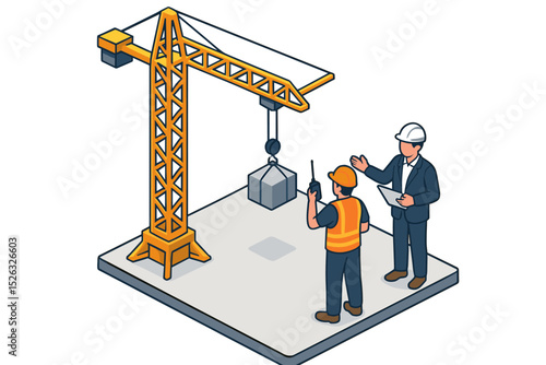 Isometric vector of a construction site with a crane operator and engineer collaborating. Teamwork in the building industry. Heavy machinery lifting a block. Project management concept.
