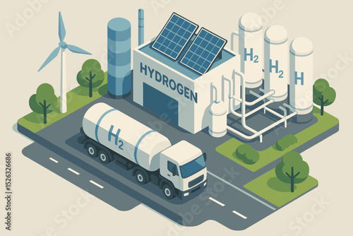 Green hydrogen energy concept isometric illustration. H2 production plant powered by renewable solar and wind power. Clean fuel infrastructure, storage, and transport truck vector.