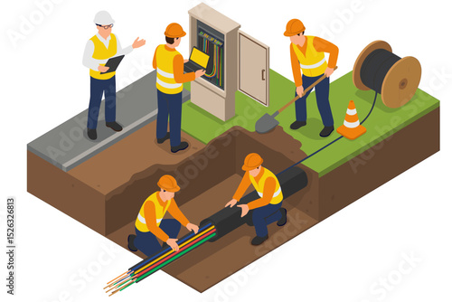 Isometric fiber optic cable installation. Team of technicians and engineers working on underground broadband internet network. Telecommunication infrastructure maintenance concept vector.