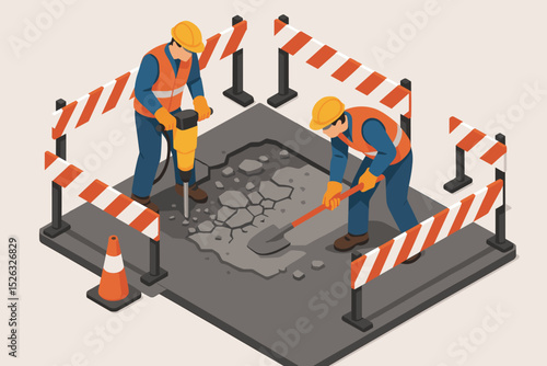 Road repair team at work. Isometric vector illustration of construction workers with a jackhammer and shovel fixing a street pothole. Infrastructure maintenance and building concept.
