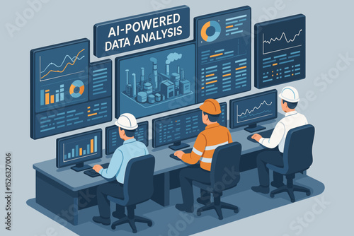 AI-powered data analysis in an industrial control room. Engineers monitor factory systems on dashboards. Smart manufacturing, big data, and Industry 4.0 automation concept. Vector.