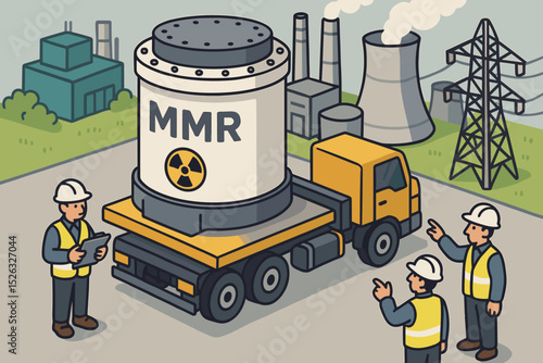 Micro-modular reactor MMR transport to a nuclear power plant. Small modular reactor SMR technology for clean energy. Nuclear industry logistics concept. Isometric vector illustration.