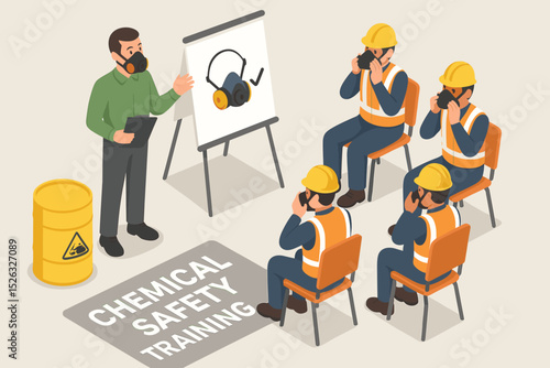Chemical safety training isometric concept. Instructor teaches industrial workers how to wear respirator gas masks. Workplace seminar on personal protective equipment (PPE) for safety.