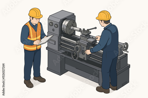 Engineer training a technician on a metal lathe machine in a factory. Isometric vector illustration of manufacturing workers, supervision, and industrial machinery operation.