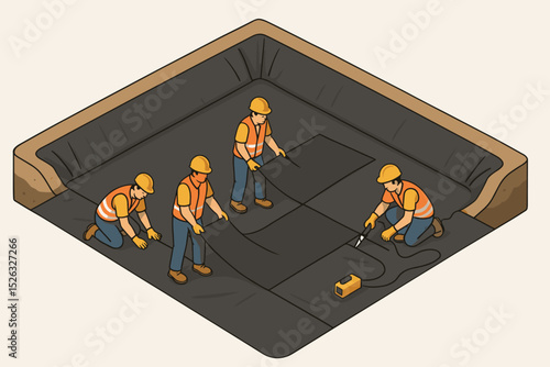 Isometric vector of workers installing HDPE geomembrane liner. Construction team waterproofing a foundation or landfill. Civil engineers sealing plastic sheets with a welding tool.