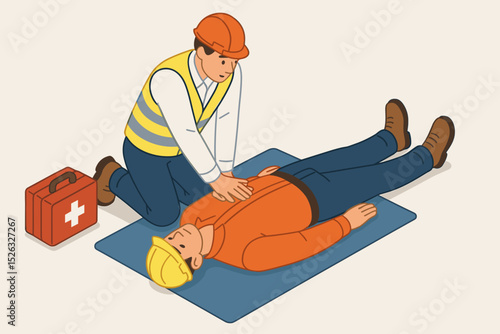 Construction worker performing CPR first aid on a colleague. Workplace safety training concept. Emergency resuscitation for cardiac arrest. Vector illustration of chest compressions.