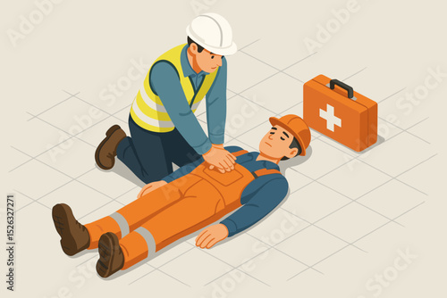 Construction worker performing CPR on an unconscious colleague. Workplace safety training concept with first aid medical assistance. Cardiopulmonary resuscitation and chest compressions.