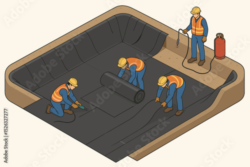HDPE geomembrane installation process with construction workers. Team installing waterproof liner for a pond or landfill. Sealing and welding polymer sheets. Civil engineering concept.