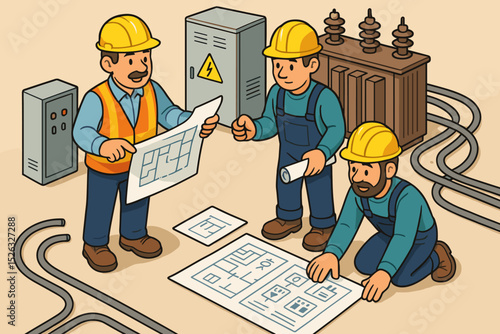 Foreman directing a team of electricians with blueprints for an electrical system installation. Construction workers planning a power supply project with a high voltage transformer.