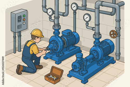 Plumber technician performing maintenance on industrial water pump system. Worker in hard hat repairing electric motor with wrench. Man fixing pipeline in factory boiler room. Isometric vector.