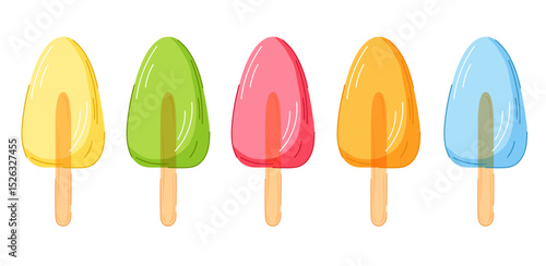 Colorful set of cartoon ice cream popsicle in different flavors isolated on white background. Perfect for summer food packaging, children design, party decor and dessert cafe.