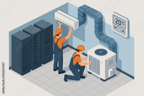 Isometric concept of HVAC technicians installing a cooling system in a server room. Engineers maintaining an air conditioner for data center climate control. Vector illustration.