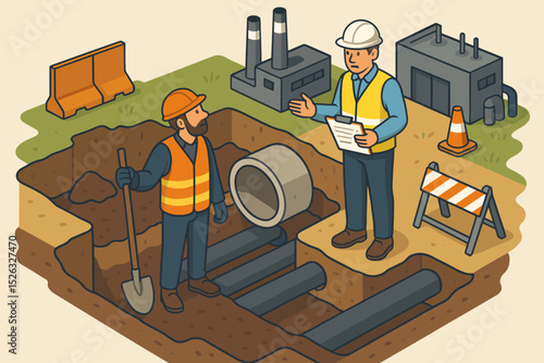 Isometric construction illustration with engineer and worker. Supervisor inspecting sanitation pipeline installation. Industrial teamwork concept with men in hard hats at excavation site.