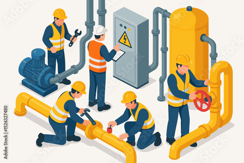 Isometric industrial scene with a team of technicians working on machinery. Engineers doing maintenance and repairing a pipeline, motor, and electrical panel. Factory teamwork concept.