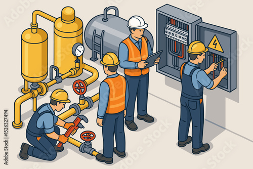 Industrial maintenance team at work. Isometric vector illustration of engineers and technicians. Electrician wiring panel, plumber fixing pipes. Factory repair and inspection.