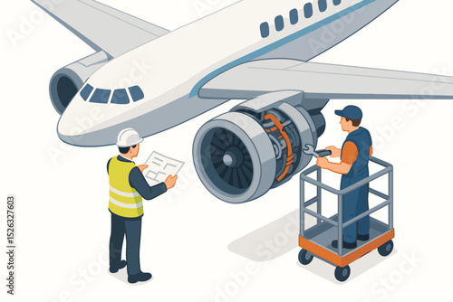 Aircraft maintenance teamwork concept. Engineer with blueprint and mechanic repairing an airplane jet engine. Isometric vector illustration for the aviation and aerospace industry.
