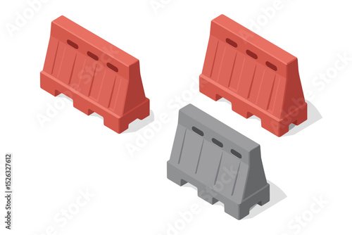 Set of isometric road barriers. Plastic traffic barricades in red and grey. Construction site roadblock elements. Safety warning fence vector icon isolated on white background.