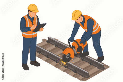 Railway maintenance crew working on track. Isometric illustration of a railroad worker cutting a steel rail with a circular saw. Supervisor with clipboard inspecting repair work.