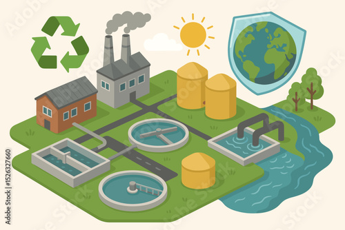 Wastewater treatment plant process isometric illustration. Water purification system infographic. Sewage cleaning, recycling for environmental protection and sustainable water management.