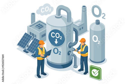 Isometric vector illustration of carbon capture technology with engineers at a factory. CO2 removal and conversion to oxygen using solar power for decarbonization and climate solutions.
